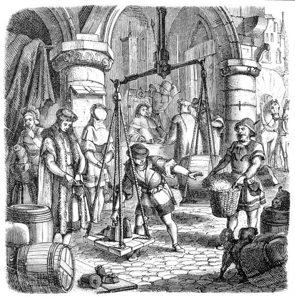 A black and white woodcut image of a market square, where goods are being weighed on a scale